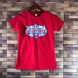 EUC Womens Tee Majestic ‘10 WORLD SERIES American League Champions Texas Rangers
